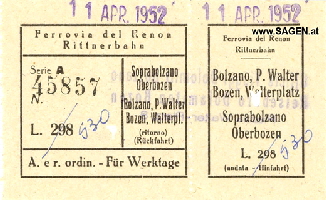 k-Fahrschein Rittnerbahn v. 1952